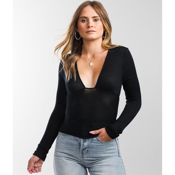 Free People Tops - Free People Black Ribbed V-Neck Top